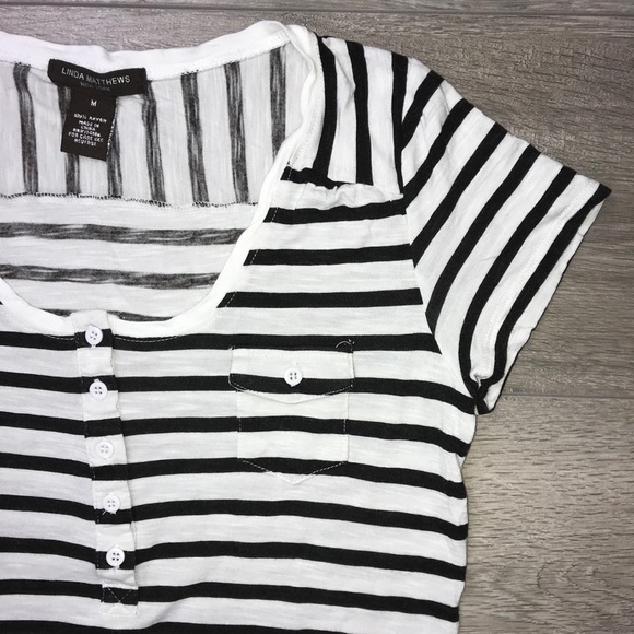 Linda Mathews Scoop Neck Short Sleeve Shirt Medium Black White - Picture 3 of 9